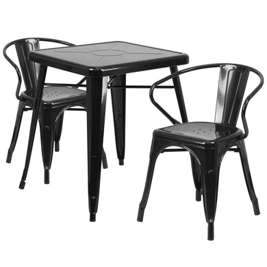 23.75'' Square Black Metal Indoor-Outdoor Table Set with 2 Arm Chairs
