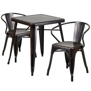 23.75'' Square Black-Antique Gold Metal Indoor-Outdoor Table Set with 2 Arm Chairs