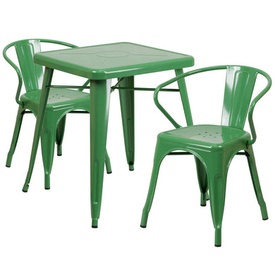 23.75'' Square Green Metal Indoor-Outdoor Table Set with 2 Arm Chairs