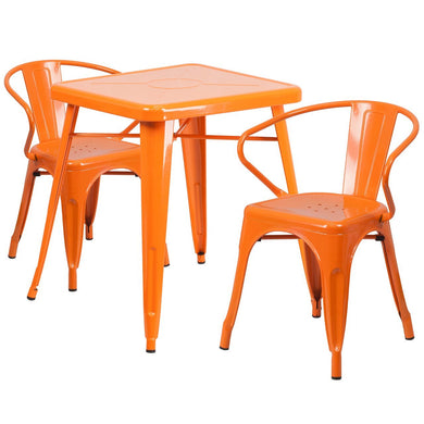 23.75'' Square Orange Metal Indoor-Outdoor Table Set with 2 Arm Chairs