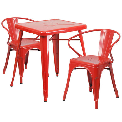 23.75'' Square Red Metal Indoor-Outdoor Table Set with 2 Arm Chairs