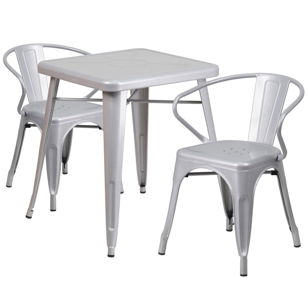 23.75'' Square Silver Metal Indoor-Outdoor Table Set with 2 Arm Chairs