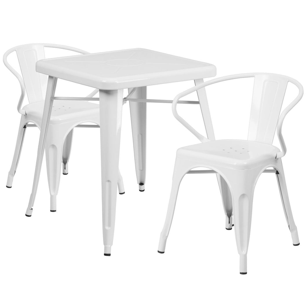23.75'' Square White Metal Indoor-Outdoor Table Set with 2 Arm Chairs