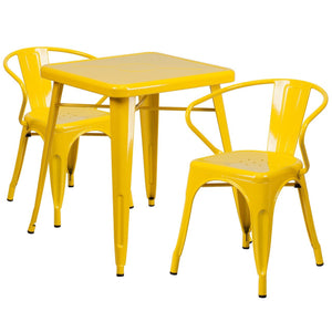 23.75'' Square Yellow Metal Indoor-Outdoor Table Set with 2 Arm Chairs