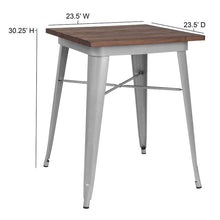 Load image into Gallery viewer, 23.5&quot; Square Silver Metal Indoor Table with Walnut Rustic Wood Top