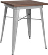23.5" Square Silver Metal Indoor Table with Walnut Rustic Wood Top