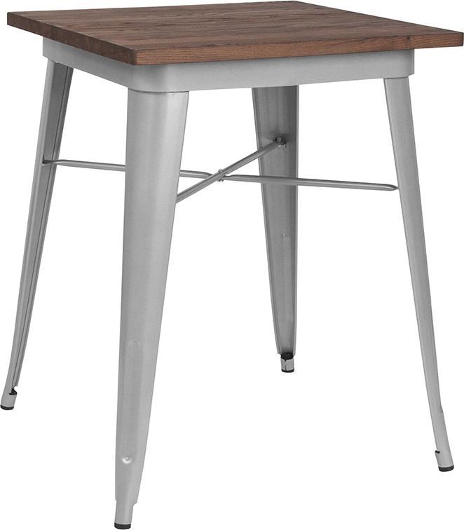 23.5" Square Silver Metal Indoor Table with Walnut Rustic Wood Top