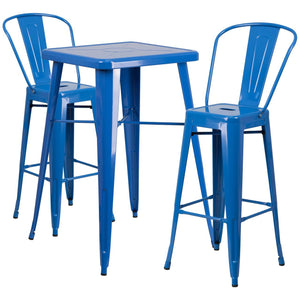 23.75'' Square Blue Metal Indoor-Outdoor Bar Table Set with 2 Stools with Backs