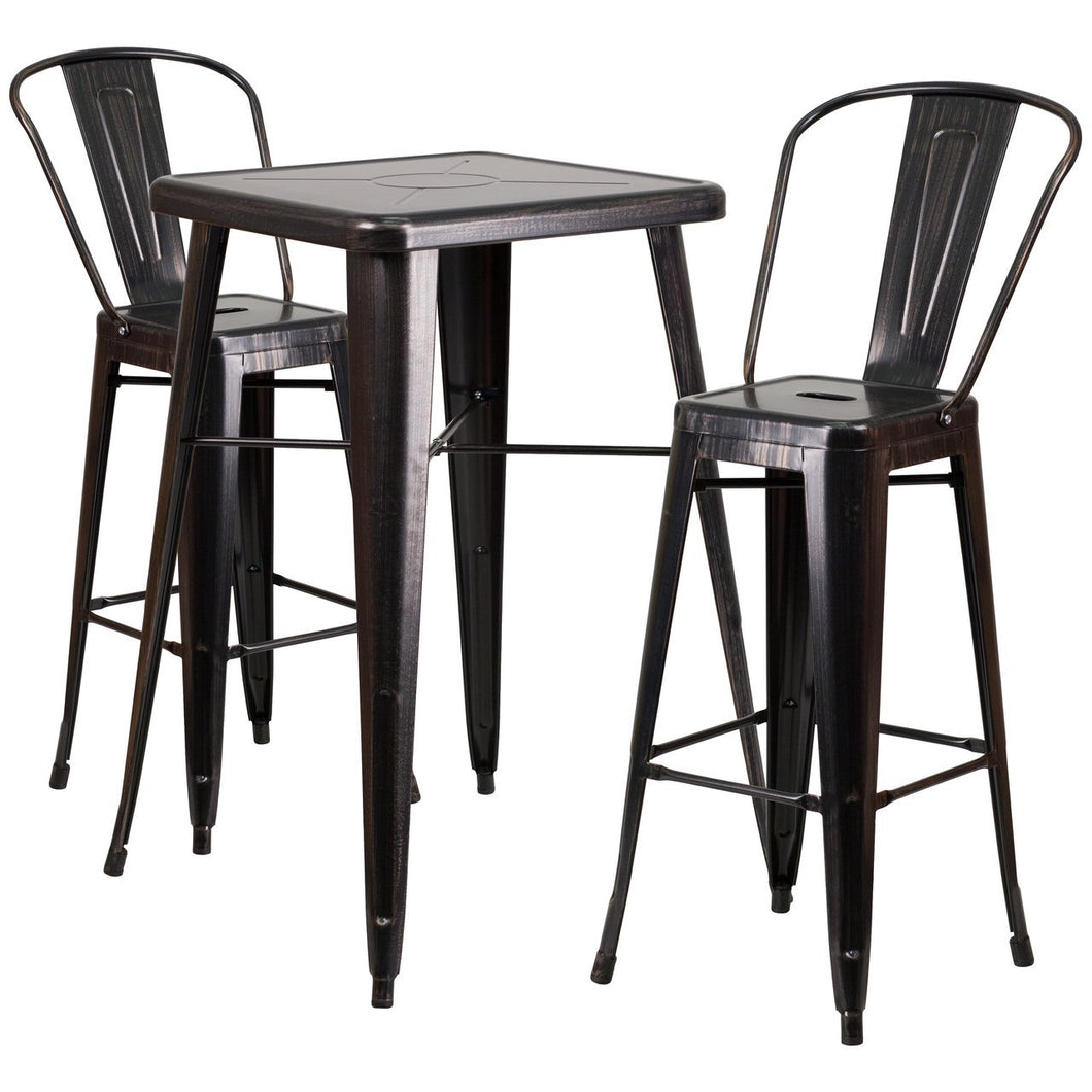 23.75'' Square Black-Antique Gold Metal Indoor-Outdoor Bar Table Set with 2 Stools with Backs