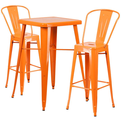 23.75'' Square Orange Metal Indoor-Outdoor Bar Table Set with 2 Stools with Backs