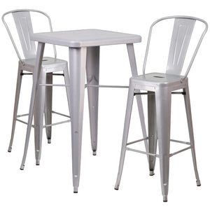 23.75'' Square Silver Metal Indoor-Outdoor Bar Table Set with 2 Stools with Backs