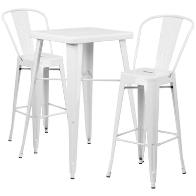 23.75'' Square White Metal Indoor-Outdoor Bar Table Set with 2 Stools with Backs