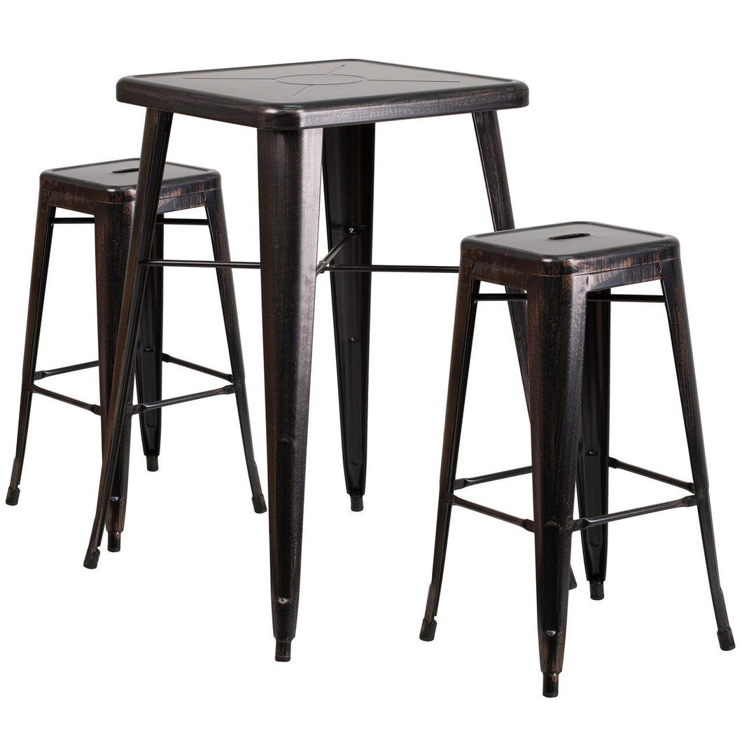 23.75'' Square Black-Antique Gold Metal Indoor-Outdoor Bar Table Set with 2 Square Seat Backless Stools