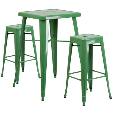 23.75'' Square Green Metal Indoor-Outdoor Bar Table Set with 2 Square Seat Backless Stools