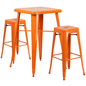 23.75'' Square Orange Metal Indoor-Outdoor Bar Table Set with 2 Square Seat Backless Stools