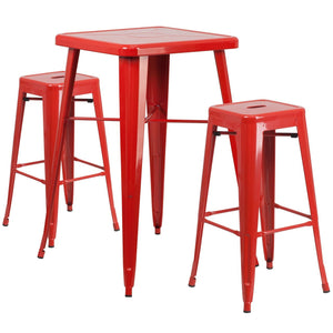 23.75'' Square Red Metal Indoor-Outdoor Bar Table Set with 2 Square Seat Backless Stools