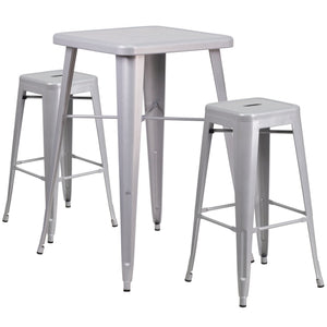 23.75'' Square Silver Metal Indoor-Outdoor Bar Table Set with 2 Square Seat Backless Stools