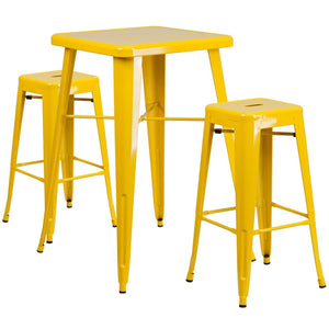 23.75'' Square Yellow Metal Indoor-Outdoor Bar Table Set with 2 Square Seat Backless Stools