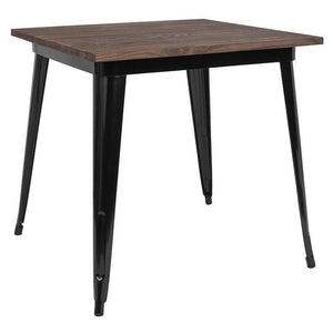 31.5" Square Black Metal Indoor Table with Walnut Rustic Wood Top