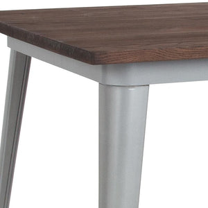 31.5" Square Silver Metal Indoor Table with Walnut Rustic Wood Top