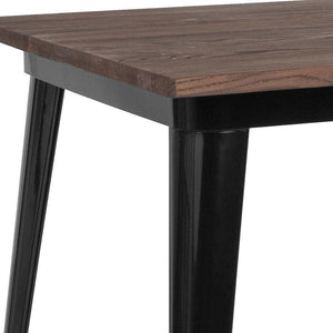36" Square Black Metal Indoor Table with Walnut Rustic Wood Top