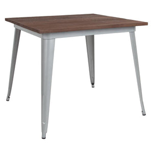 36" Square Silver Metal Indoor Table with Walnut Rustic Wood Top