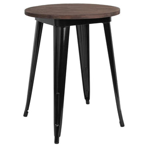 24" Round Black Metal Indoor Table with Walnut Rustic Wood Top