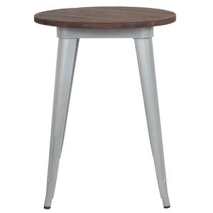 24" Round Silver Metal Indoor Table with Walnut Rustic Wood Top