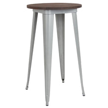 Load image into Gallery viewer, 24&quot; Round Silver Metal Indoor Bar Height Table with Walnut Rustic Wood Top