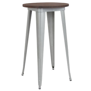 24" Round Silver Metal Indoor Bar Height Table with Walnut Rustic Wood Top