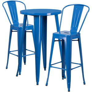 24'' Round Blue Metal Indoor-Outdoor Bar Table Set with 2 Cafe Stools