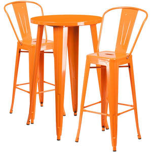 24'' Round Orange Metal Indoor-Outdoor Bar Table Set with 2 Cafe Stools