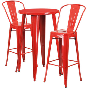 24'' Round Red Metal Indoor-Outdoor Bar Table Set with 2 Cafe Stools
