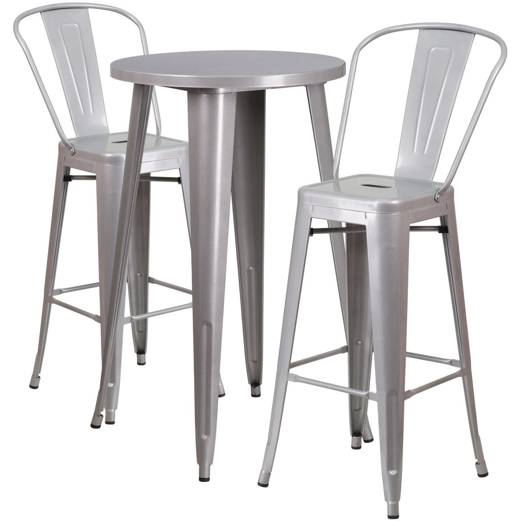 24'' Round Silver Metal Indoor-Outdoor Bar Table Set with 2 Cafe Stools