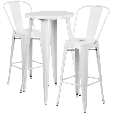 24'' Round White Metal Indoor-Outdoor Bar Table Set with 2 Cafe Stools