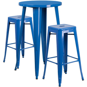 24'' Round Blue Metal Indoor-Outdoor Bar Table Set with 2 Square Seat Backless Stools
