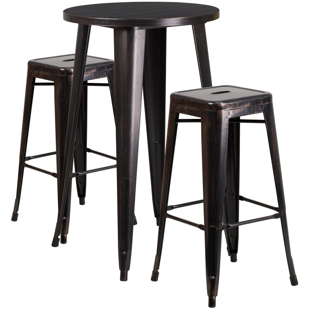 24'' Round Black-Antique Gold Metal Indoor-Outdoor Bar Table Set with 2 Square Seat Backless Stools