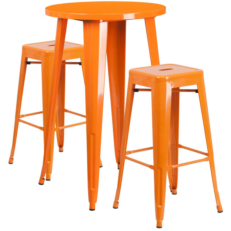 24'' Round Orange Metal Indoor-Outdoor Bar Table Set with 2 Square Seat Backless Stools