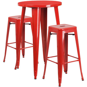 24'' Round Red Metal Indoor-Outdoor Bar Table Set with 2 Square Seat Backless Stools