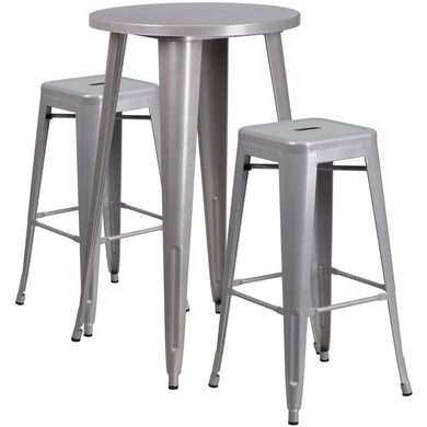 24'' Round Silver Metal Indoor-Outdoor Bar Table Set with 2 Square Seat Backless Stools