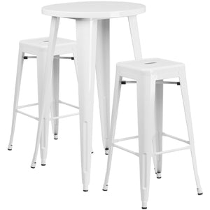 24'' Round White Metal Indoor-Outdoor Bar Table Set with 2 Square Seat Backless Stools