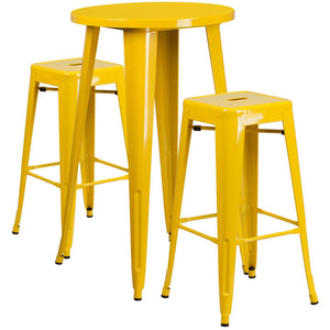 24'' Round Yellow Metal Indoor-Outdoor Bar Table Set with 2 Square Seat Backless Stools