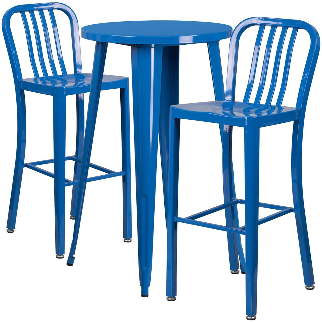 24'' Round Blue Metal Indoor-Outdoor Bar Table Set with 2 Vertical Slat Back Stools