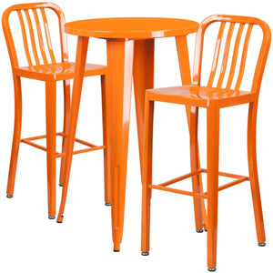 24'' Round Orange Metal Indoor-Outdoor Bar Table Set with 2 Vertical Slat Back Stools