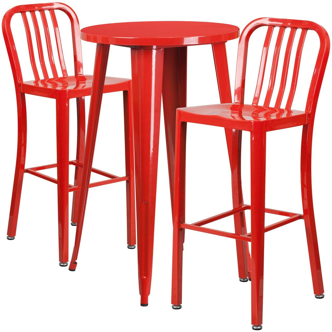 24'' Round Red Metal Indoor-Outdoor Bar Table Set with 2 Vertical Slat Back Stools