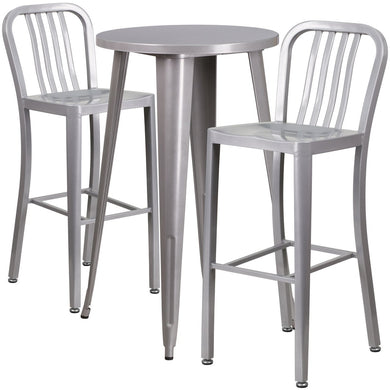 24'' Round Silver Metal Indoor-Outdoor Bar Table Set with 2 Vertical Slat Back Stools