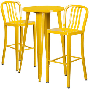 24'' Round Yellow Metal Indoor-Outdoor Bar Table Set with 2 Vertical Slat Back Stools