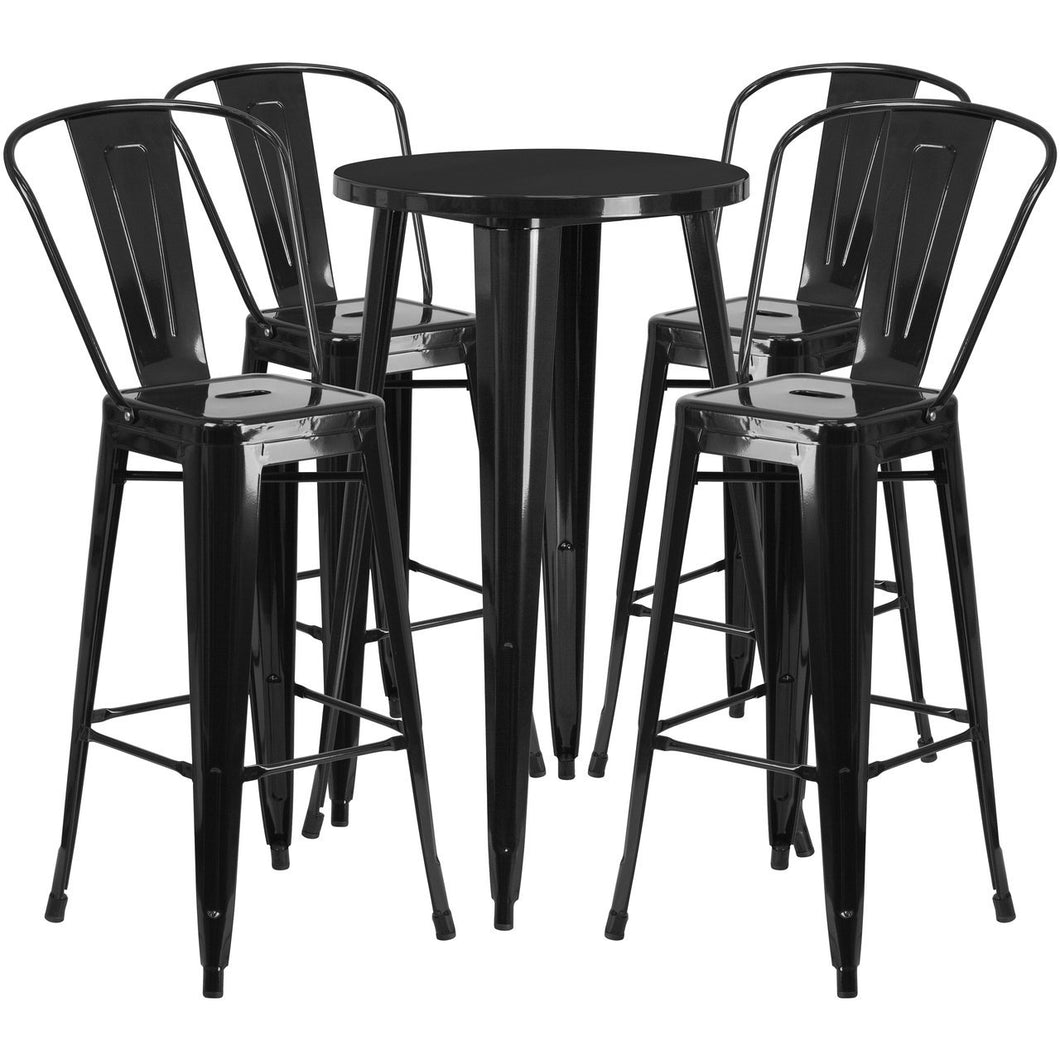 24'' Round Black Metal Indoor-Outdoor Bar Table Set with 4 Cafe Stools