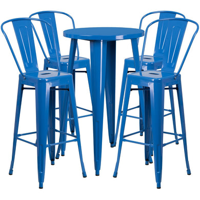 24'' Round Blue Metal Indoor-Outdoor Bar Table Set with 4 Cafe Stools