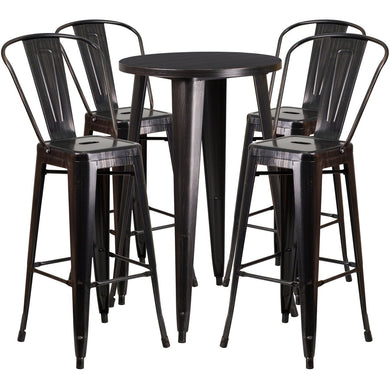 24'' Round Black-Antique Gold Metal Indoor-Outdoor Bar Table Set with 4 Cafe Stools